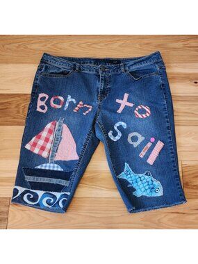 Upcycled Born to sail stitched Art patch wording denim capri pants
